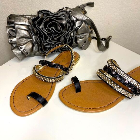 Liliana Black Braided & Rhinestone Strappy Toe Ring Sandals - Picture 1 of 3